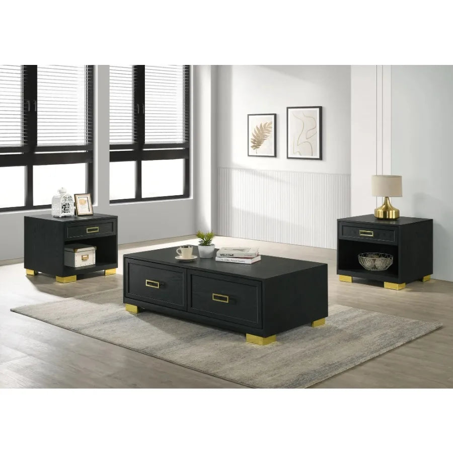 Contemporary Square End Table Storage Drawer Open Shelf Black Gold Metal Pull Knob Living Room Bedroom Wooden Modern Furniture