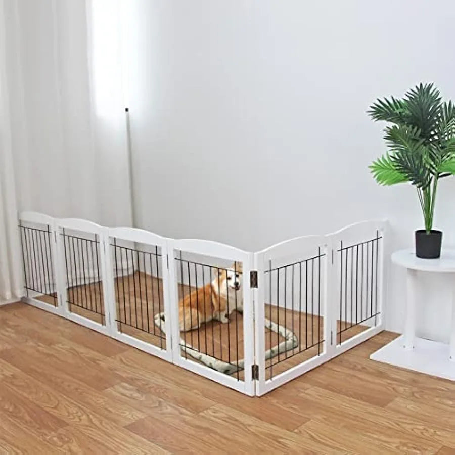 Freestanding Foldable Dog Gate for House Extra Wide Wooden White Indoor Puppy Gate Stairs Dog Gates Doorways Pet Gate Tall