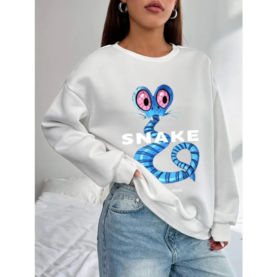 Women Basic Casual Pullover Long Sleeve Autumn Spring Wacky Snake Printed Round Neck