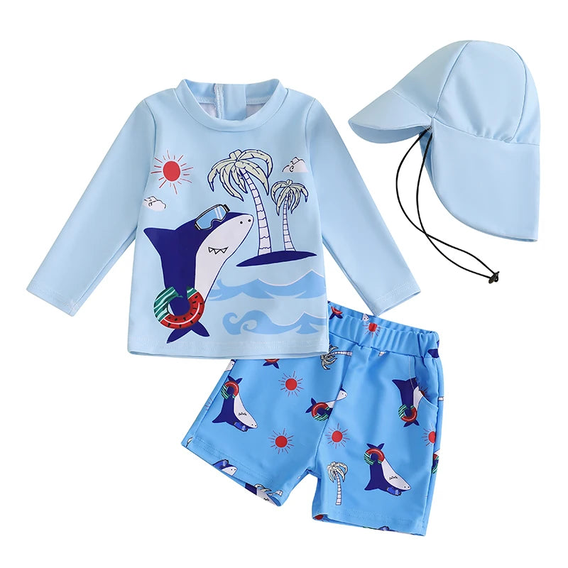 Boys Sun Pattern Rash Guard Swimsuit Set with Long Sleeve Round Neck Tops Shark Shorts and Swim Hat for Kids