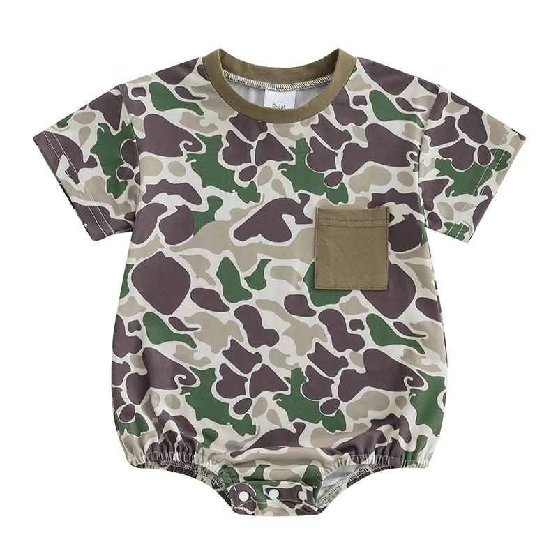 Toddler Boy Lightweight Cotton Short Sleeve Round Neck Camo Romper with Loose Fit and Snap Closure