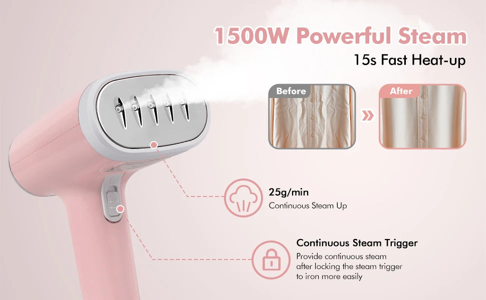 VAVSEA Steamer for Clothes,1500W Portable Handheld Travel Garment Steamer,Steam Iron,Fabric Wrinkles Remover,15s Fast Heat-up