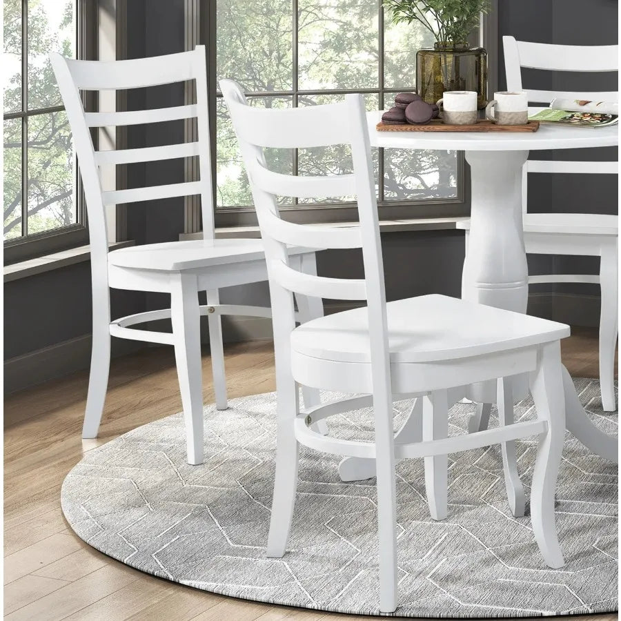 White Finish 5pc Dining Set Round Table 4 Chairs Wooden Ladder-Back Casual Farmhouse Style Kitchen Dining Room Furniture