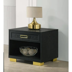 Contemporary Square End Table Storage Drawer Open Shelf Black Gold Metal Pull Knob Living Room Bedroom Wooden Modern Furniture