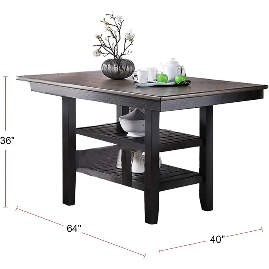 Counter Height Dining Table Dark Coffee Finish Kitchen Breakfast Dining Room Furniture Rubber Wood 2 Storage Shelves