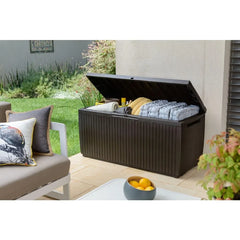 Keter Springwood 80 Gallon Resin Outdoor Storage Box for Patio Furniture Cushions Pool Toys and Garden Tools with Handles Brown