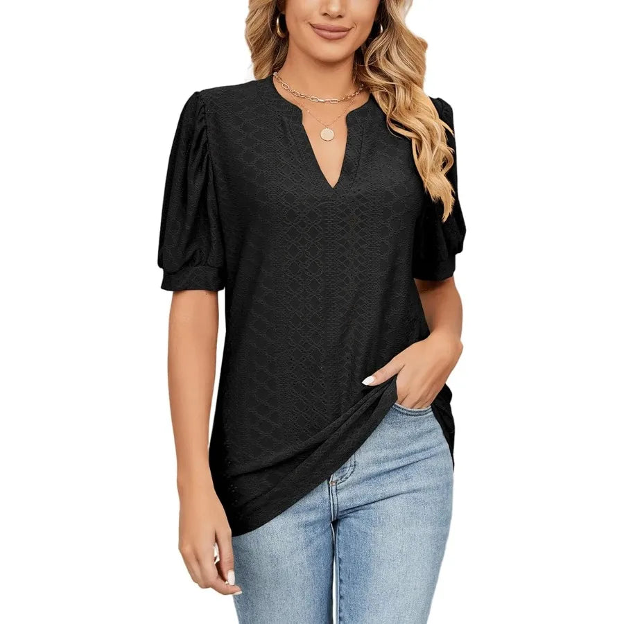 Women's Summer V-Neck Pleated Sleeve Short-Sleeved Casual Top-Shirt