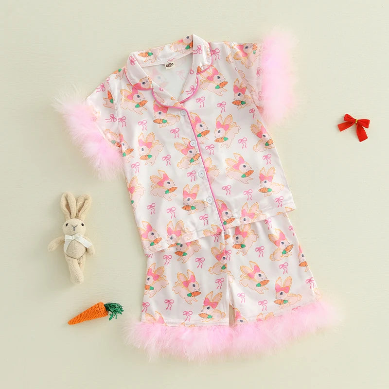 Toddler Boy Easter Pajamas Set with Cute Chick Print Lapel Feather Short Sleeve Button Down Tops and Shorts Satin Sleepwear