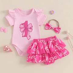 Newborn Baby Girls 1st Birthday Outfits Flying Sleeves Romper with Bow Print Tiered Ruffled Shorts and Headband 3PCS Sets