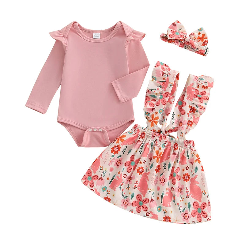 Adorable Infant Easter Ensemble with Bunny Print Suspender Skirt Solid Romper and Matching Headband - 3-Piece Set for Baby