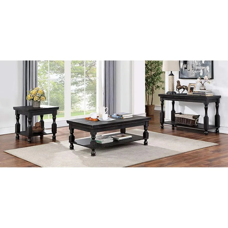 Rustic Style Antique Black 1pc End Table with Open Bottom Shelf Plank Style Top for Living Room Furniture