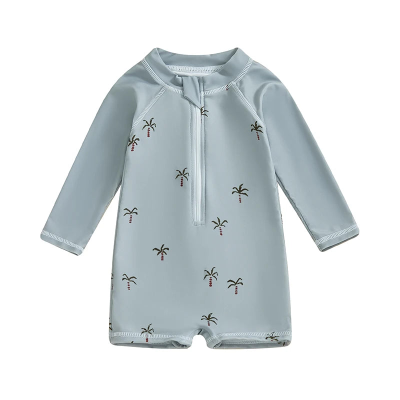 Baby Boys Rash Guard Swimsuit Shark Palm Tree Anchor Print Long Sleeve Mock Neck Zip Bathing Suit