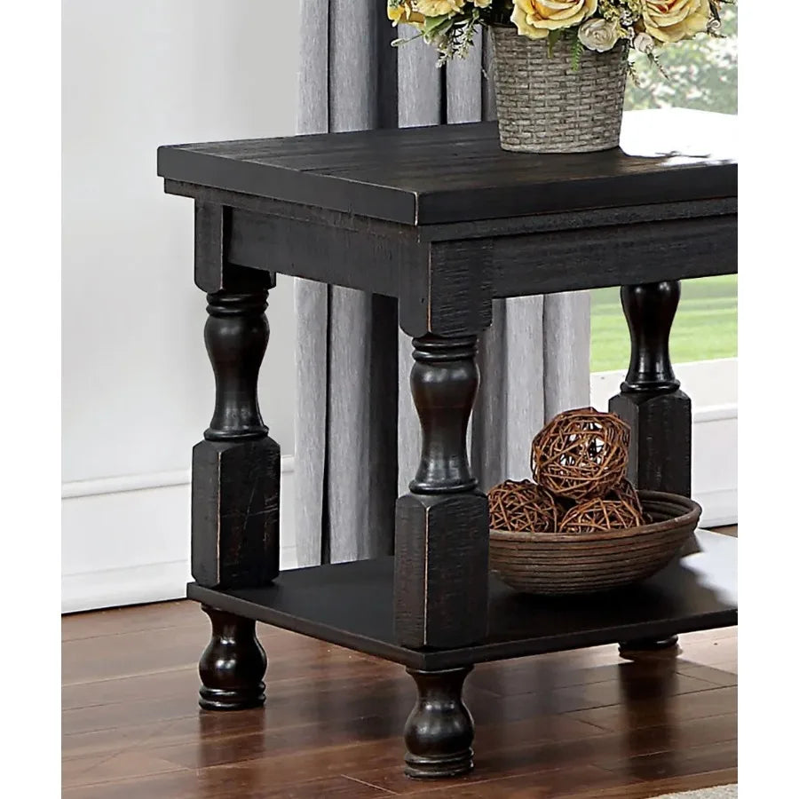 Rustic Style Antique Black 1pc End Table with Open Bottom Shelf Plank Style Top for Living Room Furniture