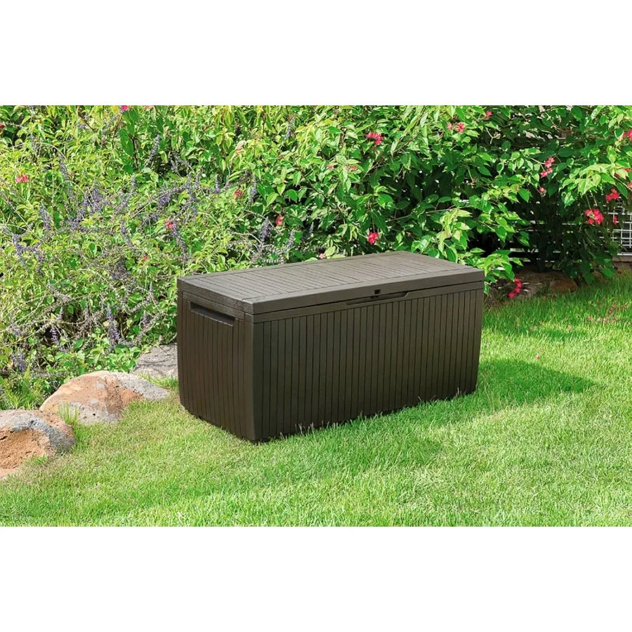 Keter Springwood 80 Gallon Resin Outdoor Storage Box for Patio Furniture Cushions Pool Toys and Garden Tools with Handles Brown