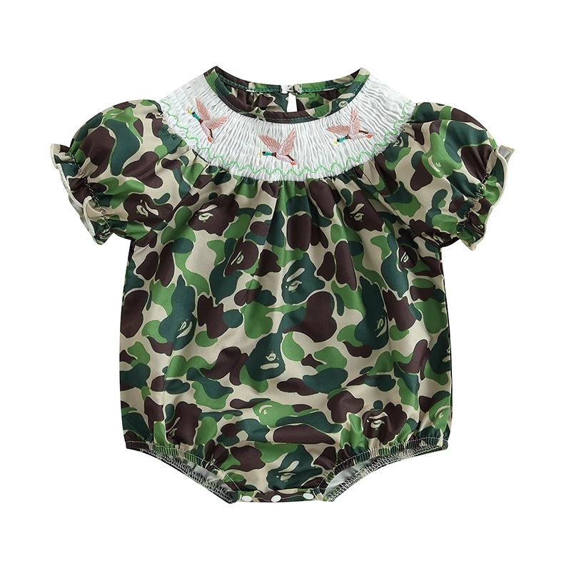 Infant Girls Romper Adorable Striped Camouflage Print with Duck Embroidery Short Sleeve Jumpsuit for Toddler Casual Outfit