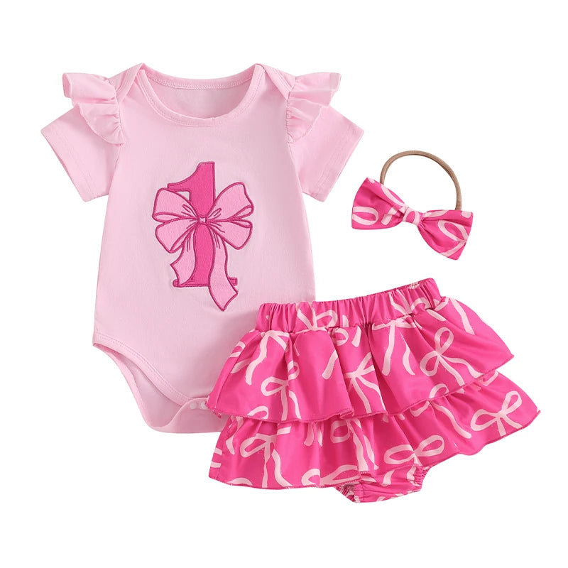 Newborn Baby Girls 1st Birthday Outfits Flying Sleeves Romper with Bow Print Tiered Ruffled Shorts and Headband 3PCS Sets