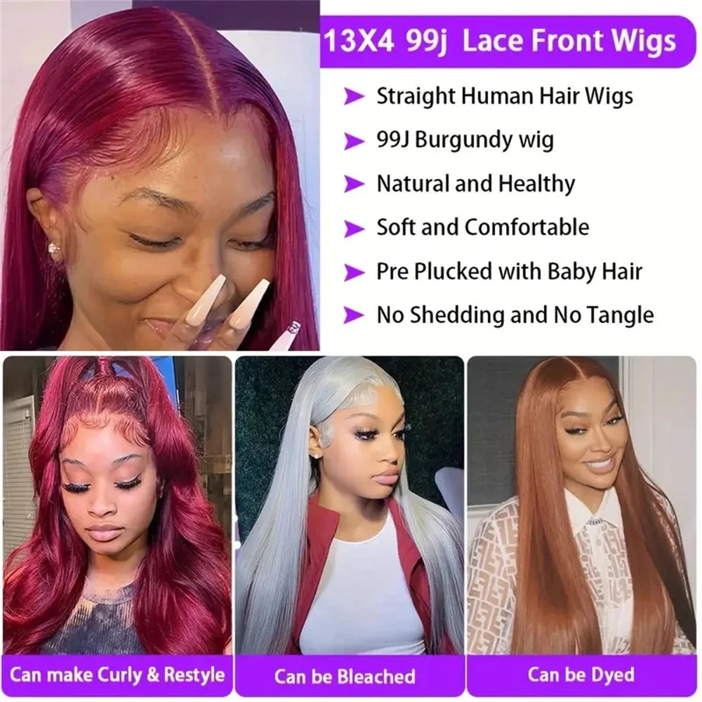 Body Wave 13x6 Transparent Lace Front Human Hair Wig 99J Burgundy 13x4 hd Lace Frontal Wigs For Women Colored 30 inch Wigs