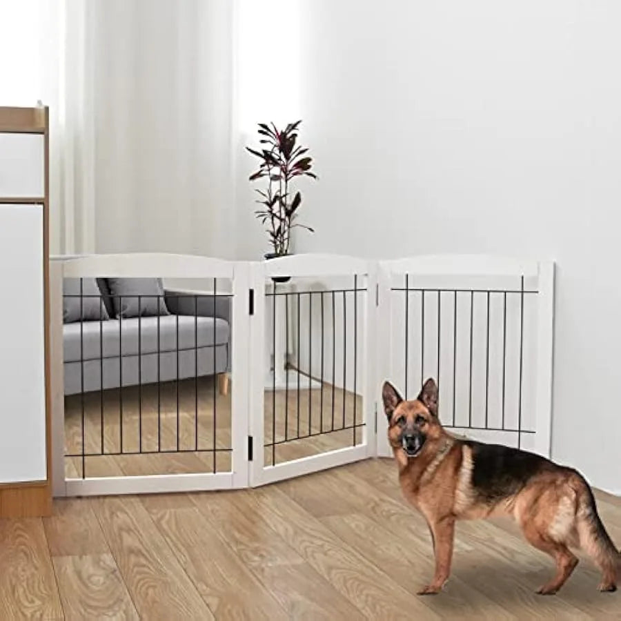 Freestanding Foldable Dog Gate for House Extra Wide Wooden White Indoor Puppy Gate Stairs Dog Gates Doorways Pet Gate Tall