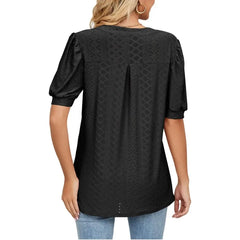 Women's Summer V-Neck Pleated Sleeve Short-Sleeved Casual Top-Shirt