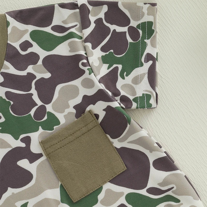 Toddler Boy Lightweight Cotton Short Sleeve Round Neck Camo Romper with Loose Fit and Snap Closure