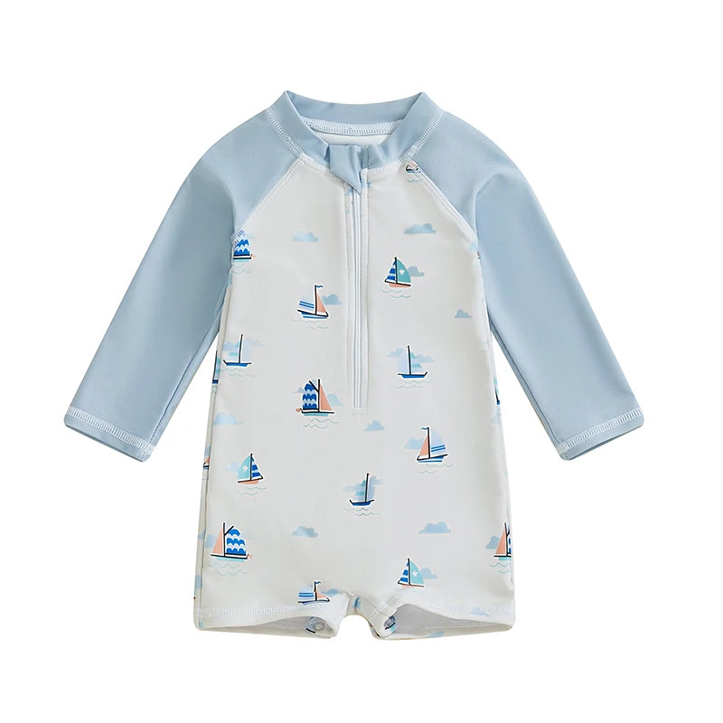 Baby Boys Rash Guard Swimsuit Shark Palm Tree Anchor Print Long Sleeve Mock Neck Zip Bathing Suit