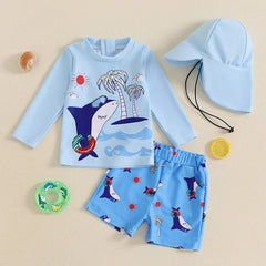 Boys Sun Pattern Rash Guard Swimsuit Set with Long Sleeve Round Neck Tops Shark Shorts and Swim Hat for Kids