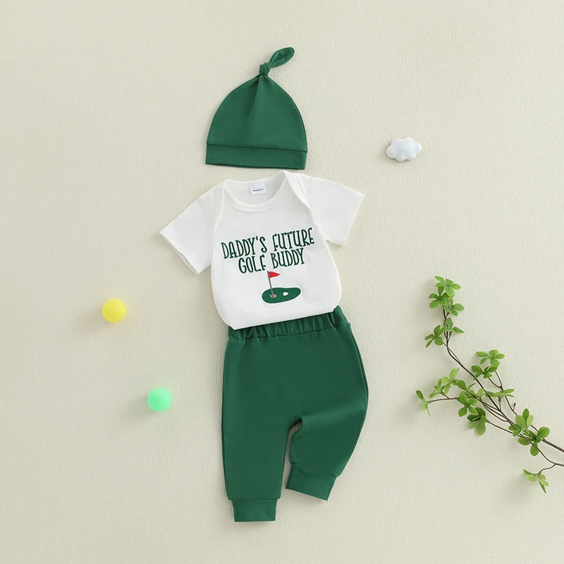 Infant Boy 3-Piece Outfit Set with Short Sleeve Golf Court Embroidered Romper Solid Color Pants and Matching Hat for a