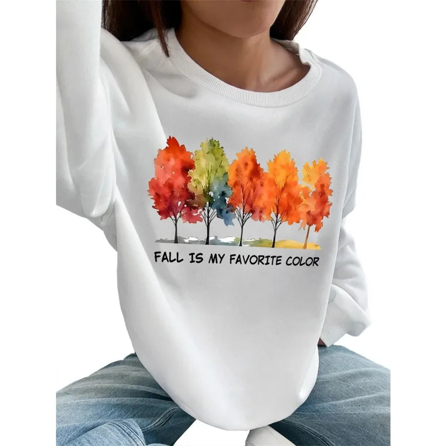 Women Basic Casual Pullover Long Sleeve Autumn Maple Tree Printed Round Neck