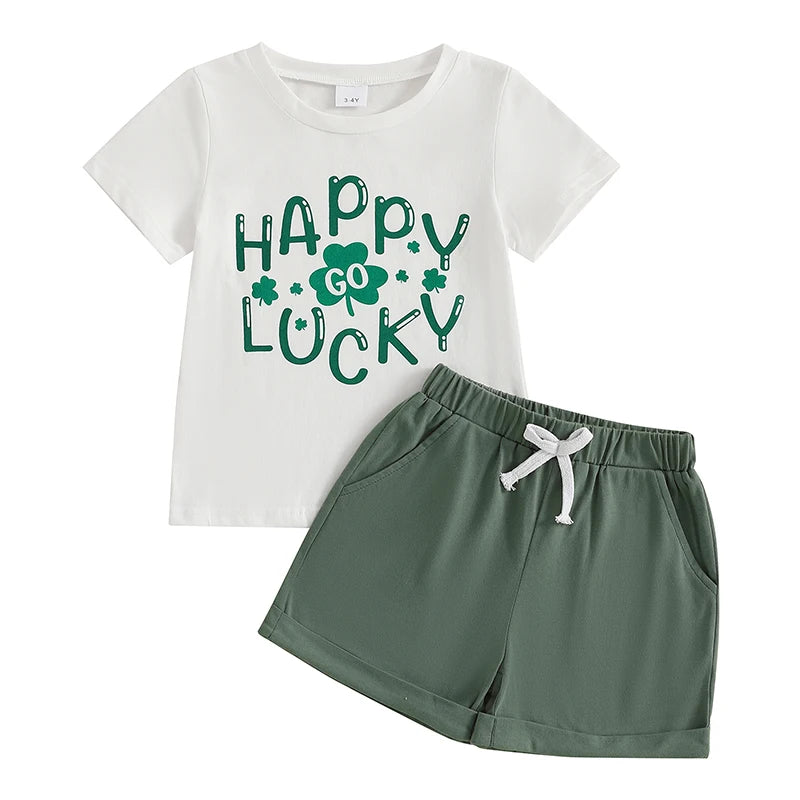 3-7Years Kids Boys Summer Outfit Short Sleeve Letters Print T-shirt with Casual Shorts Children 2Pieces Sets for St.Patricks Day