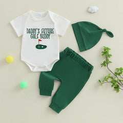 Infant Boy 3-Piece Outfit Set with Short Sleeve Golf Court Embroidered Romper Solid Color Pants and Matching Hat for a