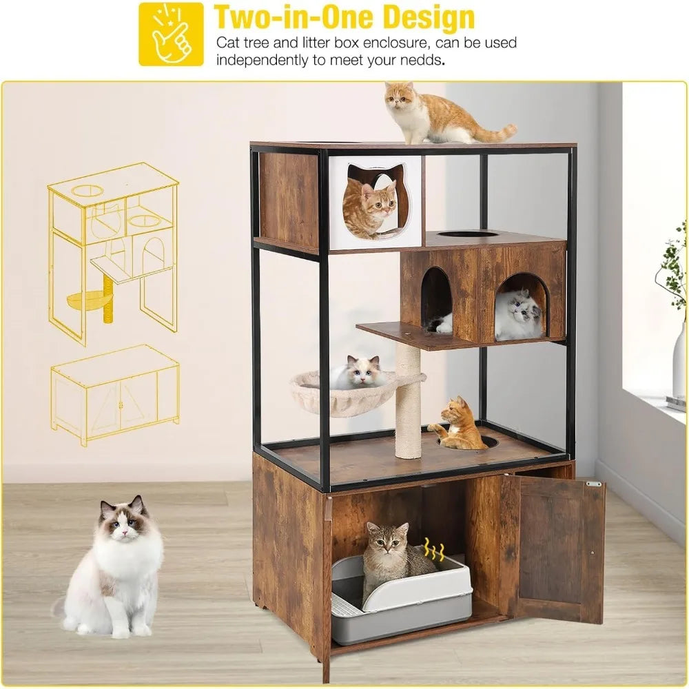 Cat Litter Box Enclosure, Litter Box Furniture Hidden, Wooden Cat Washroom Furniture, Indoor Cat House with Condo, Hammock