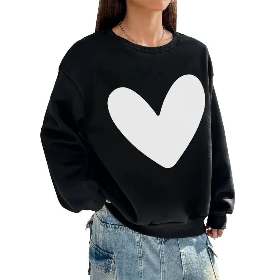 Women Basic Casual Pullover Spring Autumn Long Sleeve Solid Color Heart Printed Round Neck