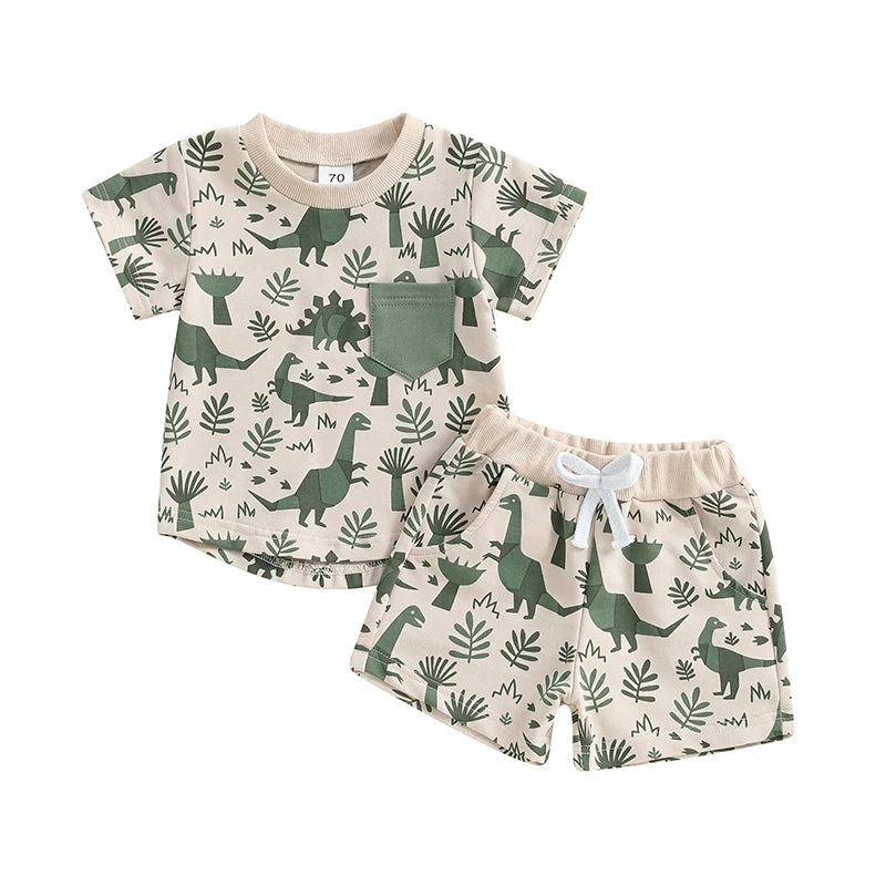 Infant Baby Boy Dino Print Tee and Shorts Set with Elastic Waistband for Summer - 2 Piece Toddler Outfit