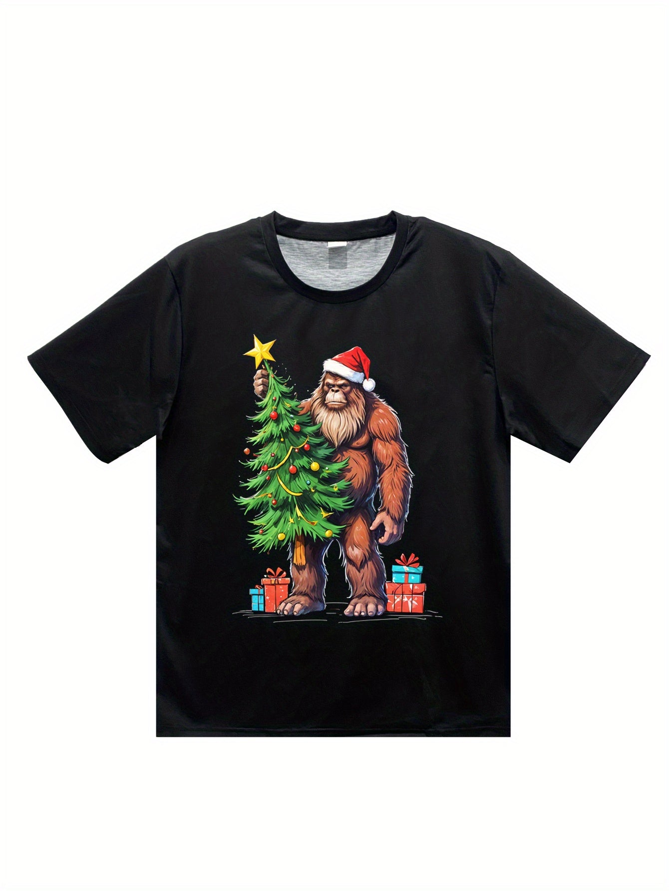 Summer Polyester T-shirt, Fit Style Men's Christmas Bigfoot 3D Printed T-shirt Casual Round Neck Short Sleeve