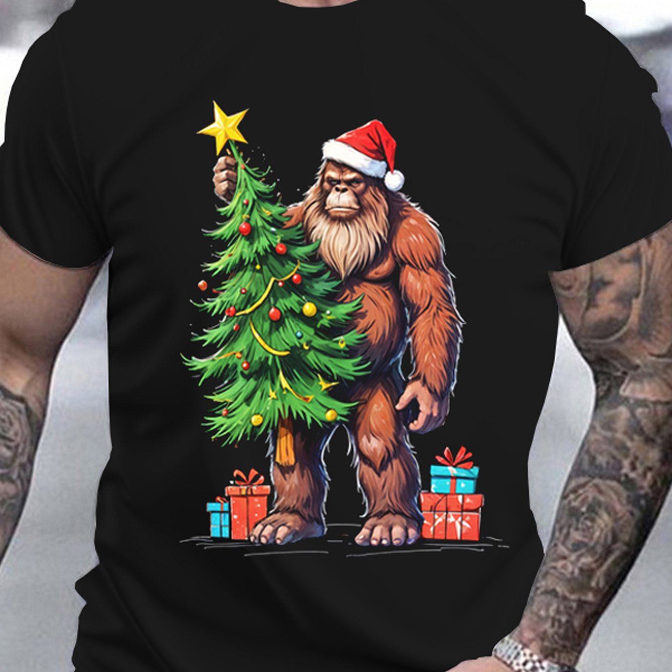 Summer Polyester T-shirt, Fit Style Men's Christmas Bigfoot 3D Printed T-shirt Casual Round Neck Short Sleeve