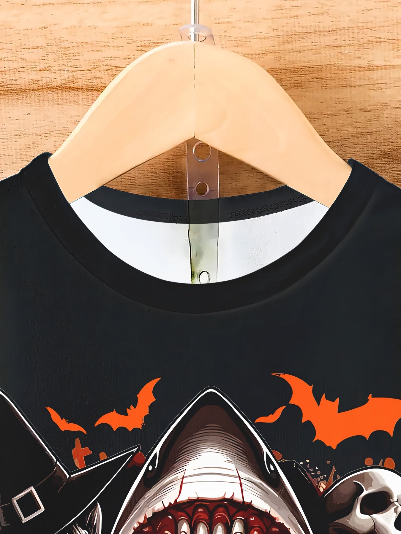 Slightly Elastic With 3D Shark And Halloween Pumpkin Patterns Fitted Knit Fabric Men's Casual Polyester Round Neck T-shirt