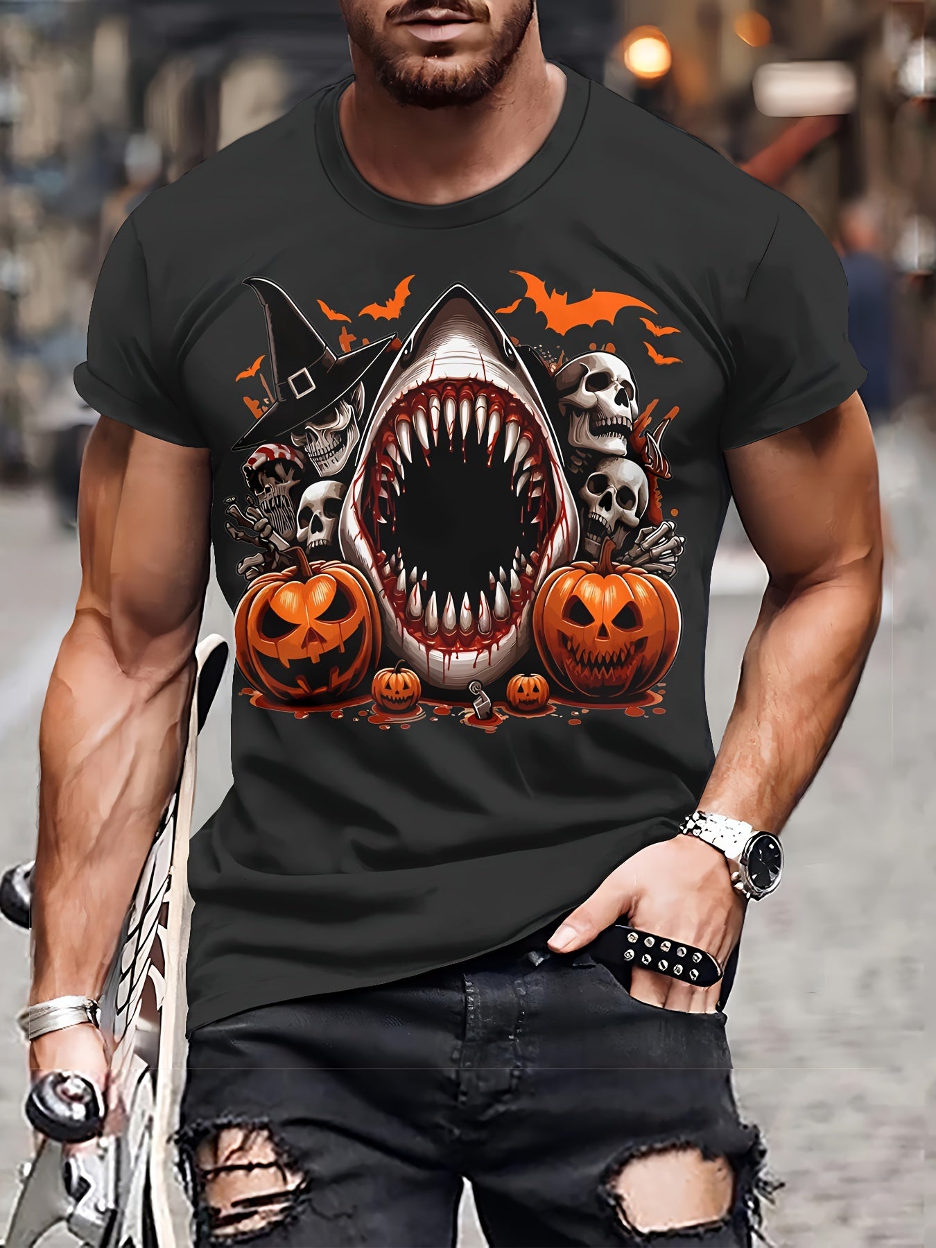 Slightly Elastic With 3D Shark And Halloween Pumpkin Patterns Fitted Knit Fabric Men's Casual Polyester Round Neck T-shirt